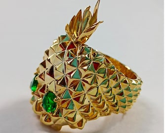 14K Gold Plated Pineapple Skull Ring, Sterling Silver Intricate Fruit Design CZ Jewelry