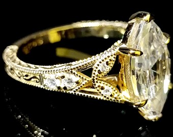 Nature Inspired Marquise Moissanite Orchid Engagement Ring, Sterling Silver Wedding Band