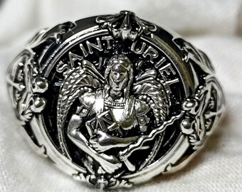 Saint Gabriel Archangel Ring, Shield Signet with Cross (Men's Spiritual Jewelry)