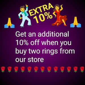 May include: A purple graphic featuring a dancing figure in a light blue suit, a dancing figure in a red dress, yellow text stating EXTRA 10%, and the text: Get an additional 10% off when you buy two rings from our store. A row of red rose emojis is at the bottom.