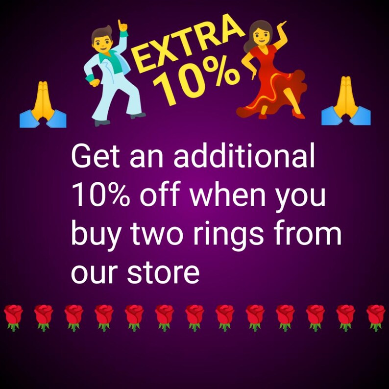 May include: A purple graphic featuring a dancing figure in a light blue suit, a dancing figure in a red dress, yellow text stating EXTRA 10%, and the text: Get an additional 10% off when you buy two rings from our store. A row of red rose emojis is at the bottom.
