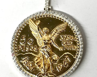 14K Gold Plated Mexican 50 Pesos Coin Pendant Necklace - 25,Grams