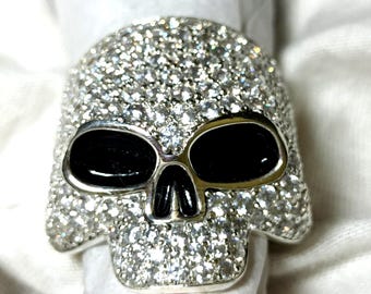 Iced Out Skull Ring Moissanite Diamonds Black Enamel Eyes Hip Hop Biker Style