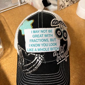 Funny Sarcastic Quote Patch Trucker Hat | Fractions Whole Bitch Cap | Skeleton Hands Heart 8-Ball Cherry Patch Hat | Edgy Y2K Mesh Baseball