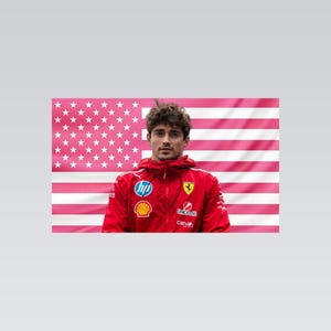 Könnte beinhalten: Eine Person mit dunklem Haar trägt eine leuchtend rote Reißverschlussjacke mit verschiedenen Sponsorenlogos wie HP, Shell, UniCredit und Ceva. Die Person steht vor einer großen Flagge mit horizontalen rosa-weißen Streifen und weißen Sternen.