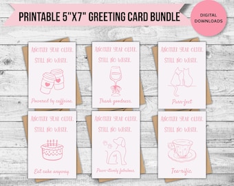 Paquete de tarjetas de cumpleaños divertidas para imprimir / 6 tarjetas de cumpleaños / Juego de tarjetas de felicitación de descarga instantánea / Gato Perro Café Té Vino Pastel