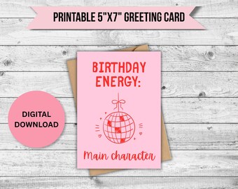 Tarjeta de cumpleaños con el personaje principal de Energy para imprimir / Tarjeta de cumpleaños divertida para descargar / Tarjeta de cumpleaños con bola de discoteca / Tarjeta de felicitación digital instantánea