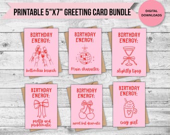 Paquete de tarjetas de cumpleaños con temática de energía para imprimir / 6 tarjetas de cumpleaños divertidas / Tarjetas de felicitación con estética rosa / Set de tarjetas de cumpleaños de descarga instantánea