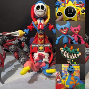 May include: A collection of multi-colored plastic character figures including a jester-like figure with a skull face, a yellow star-shaped device with a screen, blue and pink fuzzy-textured creatures, a green piano-toothed creature, and a blue figure.