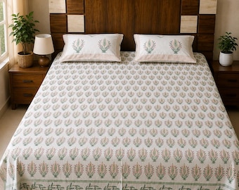 Hand Block Print Cotton Bedsheet Set | Indian Floral King Bedding, Jaipur Home Decor
