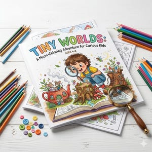 May include: A coloring book titled Tiny Worlds: A Micro-Coloring Adventure for Curious Kids, featuring a child with a magnifying glass, mice in a teapot, and a tree stump house. Includes colored pencils and small buttons scattered around the book.