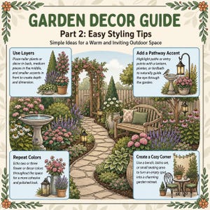 Puede incluir: Una infografía titulada GARDEN DECOR GUIDE Part 2: Easy Styling Tips. Presenta una ilustración central de un camino de piedra a través de un jardín de flores con un banco de madera, un baño para pájaros y un arco, rodeado de consejos.
