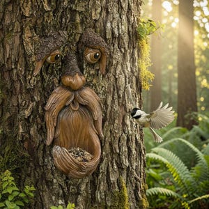 May include: A brown tree face sculpture attached to a tree trunk, featuring a carved nose, eyes, and a long beard that forms a bowl-shaped bird feeder filled with seeds. A small black and white bird with spread wings flies toward the feeder.