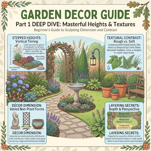 以下が含まれることがあります： Garden Decor Guide Part 1 Deep Dive Masterful Heights & Texturesと題された庭の装飾ガイドのイラスト。中央には石のバードバス、石畳の小道、バラのアーチ、様々な植物が描かれ、周囲には垂直方向の階層化、質感のコントラスト、装飾の寸法、レイヤーの秘密を説明する4つのパネルが配置されています。