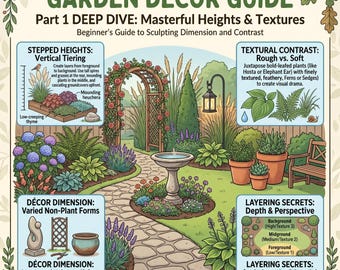Poster stampabile con guida all'arredamento del giardino / Foglio riassuntivo su altezza e consistenza per la progettazione del paesaggio / Infografica sulla disposizione in giardino / Idee per il cortile in formato PDF