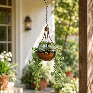 May include: A rustic, spherical metal hanging planter with a weathered brown finish, suspended by a thin chain. The planter contains a variety of green succulent plants, including rosette-shaped echeveria and trailing sedum stems that drape downward.