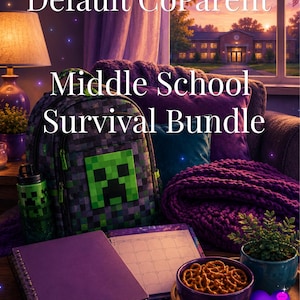 Könnte beinhalten: Ein Rucksack mit grünem, verpixeltem Gesichtsmotiv, eine passende Trinkflasche, ein lilafarbenes Spiralnotizbuch, ein Kalender und eine Schale mit Brezeln. Der Text lautet Default CoParent Middle School Survival Bundle. Ein kleines lila Herzlogo zeigt Text Therapy.