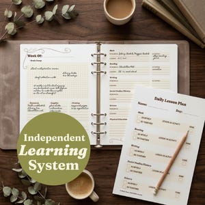 May include: A ring-bound planner open to a weekly schedule page with handwritten notes, alongside a separate Daily Lesson Plan sheet featuring checkboxes for subjects like Math, Reading, and Writing, accompanied by a wooden pencil on a desk.