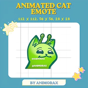 Puede incluir: Un emote de gato animado con un personaje felino de color verde lima con dos antenas, mostrado en una cuadrícula. El texto dice ANIMATED CAT EMOTE, 112 X 112, 56 X 56, 28 X 28, @ANIMORAX y BY ANIMORAX. El diseño incluye estrellas amarillas.