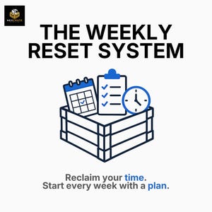 May include: A graphic featuring the text THE WEEKLY RESET SYSTEM and NEXCRATE logo. An illustration shows a wooden crate containing a calendar, a checklist, and a clock. Below, the text reads: Reclaim your time. Start every week with a plan.