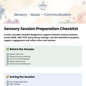 May include: A white document titled Sensory Session Preparation Checklist with a SoftStepsSensory logo and heart icon. It features sections for Before the Session and During the Session with checkboxes for tasks like Gather resources and Encourage exploration.