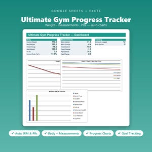 Könnte beinhalten: Ein digitaler Fitness-Fortschritts-Tracker für Google Sheets und Excel mit einem Dashboard für Körpergewicht, Maße und Trainingsdaten. Enthält automatisch generierte Liniendiagramme für Körperwerte sowie ein Balkendiagramm für Übungen.