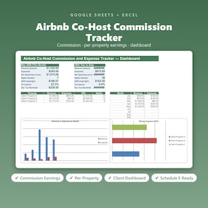 Könnte beinhalten: Eine digitale Airbnb Co-Host Provisions-Tracker-Tabelle für Google Sheets und Excel. Das Dashboard zeigt Finanzdaten wie Einnahmen, Ausgaben, Nettoeinkommen und Auslastungsraten sowie Balkendiagramme für monatliche Trends und Vergleiche.