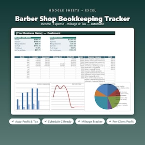 May include: A digital Barber Shop Bookkeeping Tracker spreadsheet for Google Sheets and Excel. The interface displays a dashboard with income, expense, mileage, and tax data, including bar charts, a line graph, and a pie chart for financial analysis.