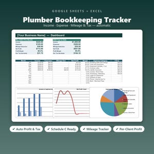May include: A digital bookkeeping tracker for Google Sheets and Excel titled Plumber Bookkeeping Tracker. The dashboard displays financial data including income, expenses, mileage, and tax, with bar charts, a line graph, and a pie chart for analysis.