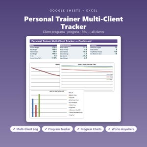 May include: A digital Personal Trainer Multi-Client Tracker spreadsheet for Google Sheets and Excel. The dashboard displays body metrics, measurement data, training logs, and progress charts including weight, waist, chest, and hip trends.