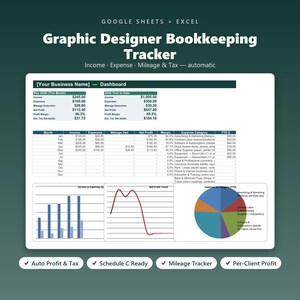 May include: A digital bookkeeping tracker for Google Sheets and Excel titled Graphic Designer Bookkeeping Tracker. The interface displays a business dashboard with monthly income, expense, and tax tables, alongside bar, line, and pie charts.