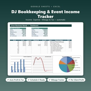May include: A digital DJ bookkeeping and event income tracker spreadsheet for Google Sheets and Excel. The dashboard displays financial data, including income, expenses, mileage, and tax, with bar charts, a line graph, and a pie chart for analysis.