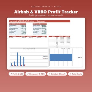 May include: A digital Airbnb and VRBO profit tracker spreadsheet for Google Sheets and Excel. The dashboard displays financial data including revenue, expenses, net operating income, nights booked, ADR, and occupancy rates with bar charts and tables.