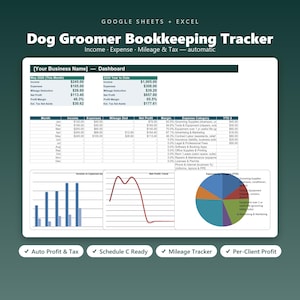May include: A digital bookkeeping tracker for dog groomers compatible with Google Sheets and Excel. The interface displays a dashboard with financial summaries, monthly income and expense tables, a bar chart, a line graph, and a pie chart.