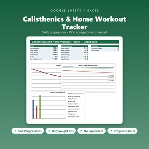 May include: A digital Calisthenics & Home Workout Tracker dashboard for Google Sheets and Excel. The interface displays body metrics, measurement logs, and training data. It includes line graphs for weight and body measurements, plus a bar chart for exercise PRs.
