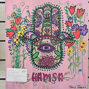 Perfect pink Judah Hamsa. Colorful,  bright,  detailed, flowers,  wall decor, whimsical, inspirational, positivity,  wall sign