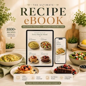 Puede incluir: Un libro de recetas digital en una tableta y un teléfono inteligente que muestra platos como pasta, ensalada, panqueques y pastel. El texto dice THE ULTIMATE RECIPE EBOOK, 1000+ RECIPES y Every Meal & Mood, con iconos de descarga.