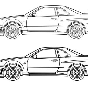 May include: A black and white line art illustration featuring two identical sports cars shown in profile view. Each vehicle displays a sleek coupe body style, a rear spoiler, multi-spoke wheels, and detailed headlights, presented as a colouring page.