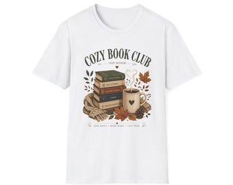 Camiseta acogedora para club de lectura / Pila de libros, taza, hojas de otoño