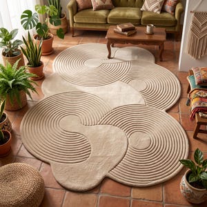 Beige Organische Form Teppich 3D Geschnitzter Zen Garten Teppich Japandi Decor Minimalist Teppich Benutzerdefinierte Tufted Wolle Unregelmäßiger Konzentrischer Kreis