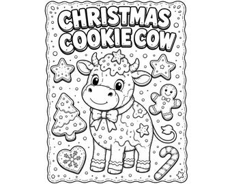 Dibujo para colorear de una vaca con galletas navideñas / Linda lámina para colorear de una vaca navideña / Imprimible de animales de granja navideños / PDF de actividades navideñas para niños