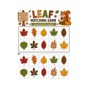 Könnte beinhalten: Ein druckbares Blatt-Zuordnungsspiel mit einem Cartoon-Eichhörnchen, einem Kürbis und einem Holzschild mit dem Text 'LEAF MATCHING GAME' und 'Cut out the leaves below and match them to the matching leaves on the board!' sowie zehn verschiedenen Blattillustrationen.