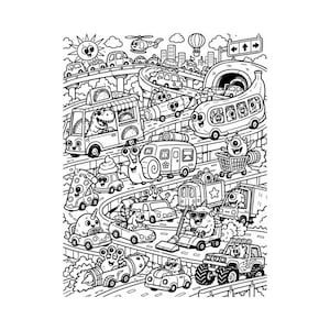 May include: A black and white colouring page illustration featuring a busy multi-level highway filled with various whimsical vehicles, including a taco truck, a banana-shaped bus, a snail camper, and diverse cartoon creatures driving.