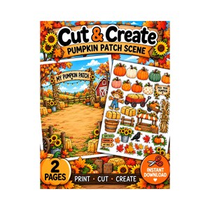 Puede incluir: Un set de manualidades digital titulado Cut & Create Pumpkin Patch Scene con dos páginas de elementos imprimibles de temática otoñal. Incluye un fondo de granja con un letrero de My Pumpkin Patch, además de recortes de calabazas, un espantapájaros y heno.