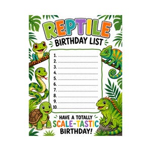 Könnte beinhalten: Ein rechteckiges Geburtstagsschild mit der Überschrift REPTILE BIRTHDAY LIST und einer nummerierten Liste von 1 bis 10. Das Design zeigt bunte Illustrationen eines Frosches, einer Schlange, einer Schildkröte, eines Chamäleons und eines Leguans.