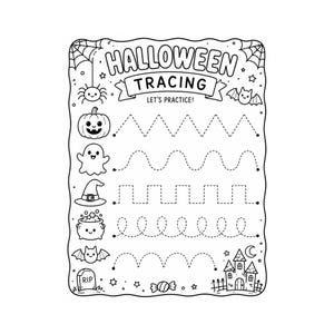Op de afbeelding: Een zwart-wit Halloween-werkblad voor overtrek-oefeningen met de tekst HALLOWEEN TRACING LET'S PRACTICE. De pagina bevat illustraties van een spin, pompoen, spook, heksenhoed, ketel, vleermuis, grafsteen, snoep en kasteel met stippellijnen om te oefenen met overtrekken.