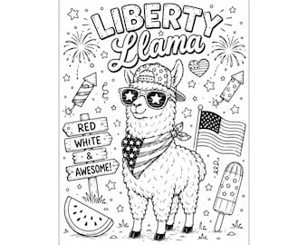 Página para colorear de la Llama de la Libertad para imprimir / Divertida hoja para colorear del 4 de julio para niños / Actividad patriótica del Día de la Independencia de la Llama / Doodles Unhi