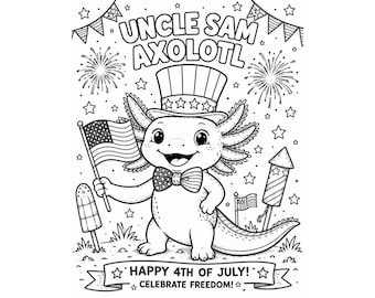 Dibujo para colorear del ajolote del tío Sam para imprimir / Hoja para colorear patriótica del 4 de julio para niños / Actividad del Día de la Independencia