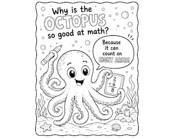 Página para colorear con chiste divertido de pulpo para niños / Imprimible de animales marinos / Hoja para colorear con chiste matemático / Actividad para la escuela en casa / Descarga instantánea en PDF