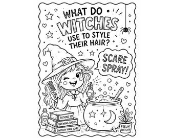 Página para colorear con chiste de brujas divertidas para niños (imprimible), lámina para colorear de brujas de Halloween, actividad con chiste de brujas adorable, página para colorear espeluznante.